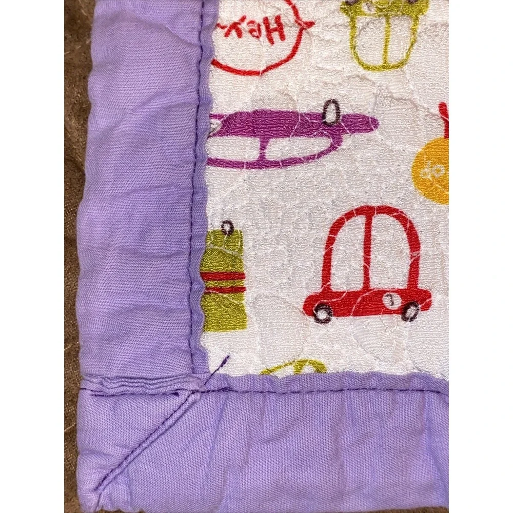 Handmade Baby Quilt Blanket Trucks Cars Cotton Purple Toddler Unique 43 X 38